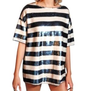 Silence + Noise Black and White Striped Sequin Tee